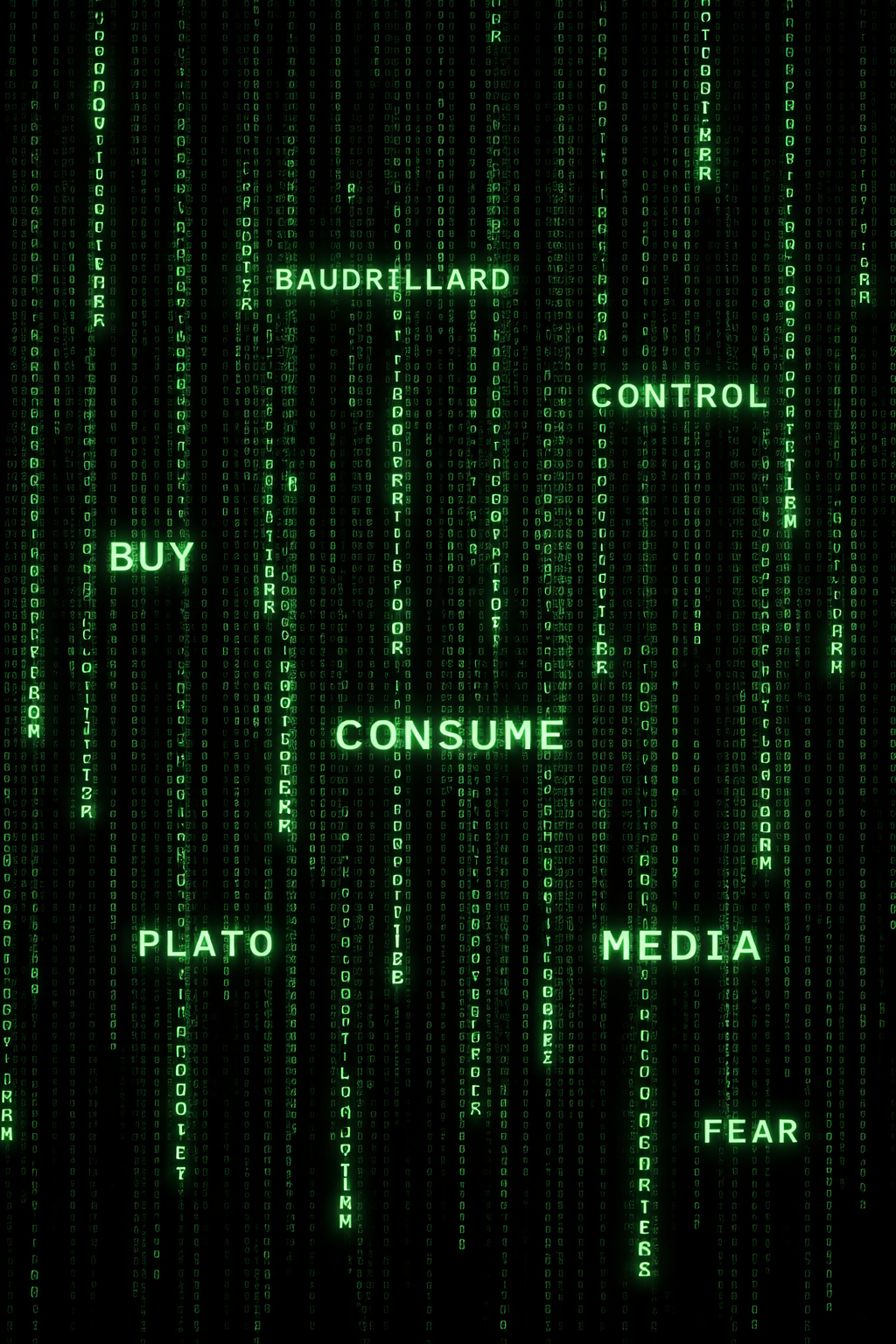 Grüner Matrix-Code auf schwarzem Hintergrund mit versteckten Begriffen wie Baudrillard, Medien, Konsum und Kontrolle als Symbol für Hyperrealität und gesellschaftliche Einflussfaktoren.