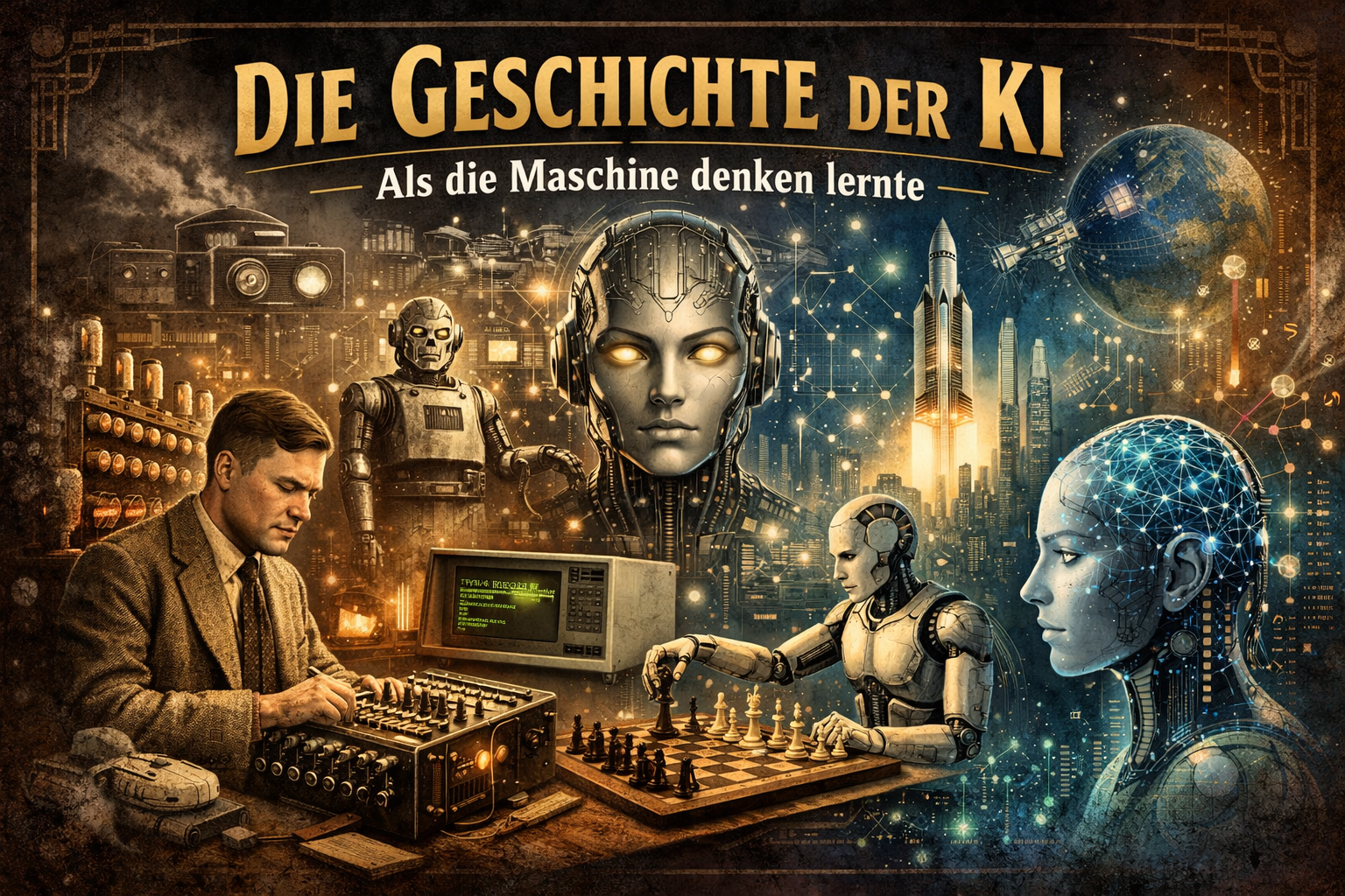 llustration zur Geschichte der Künstlichen Intelligenz: Von frühen Computern und Alan Turing über Schachcomputer bis zu modernen neuronalen Netzwerken und humanoiden KI-Systemen.