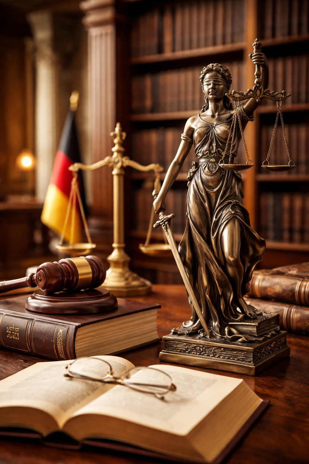 Statue der Justitia mit Waage und Schwert in einem Gerichtssaal, umgeben von Gesetzbüchern und Richterhammer – Symbol für Recht, Gerechtigkeit und Rechtsstaat.