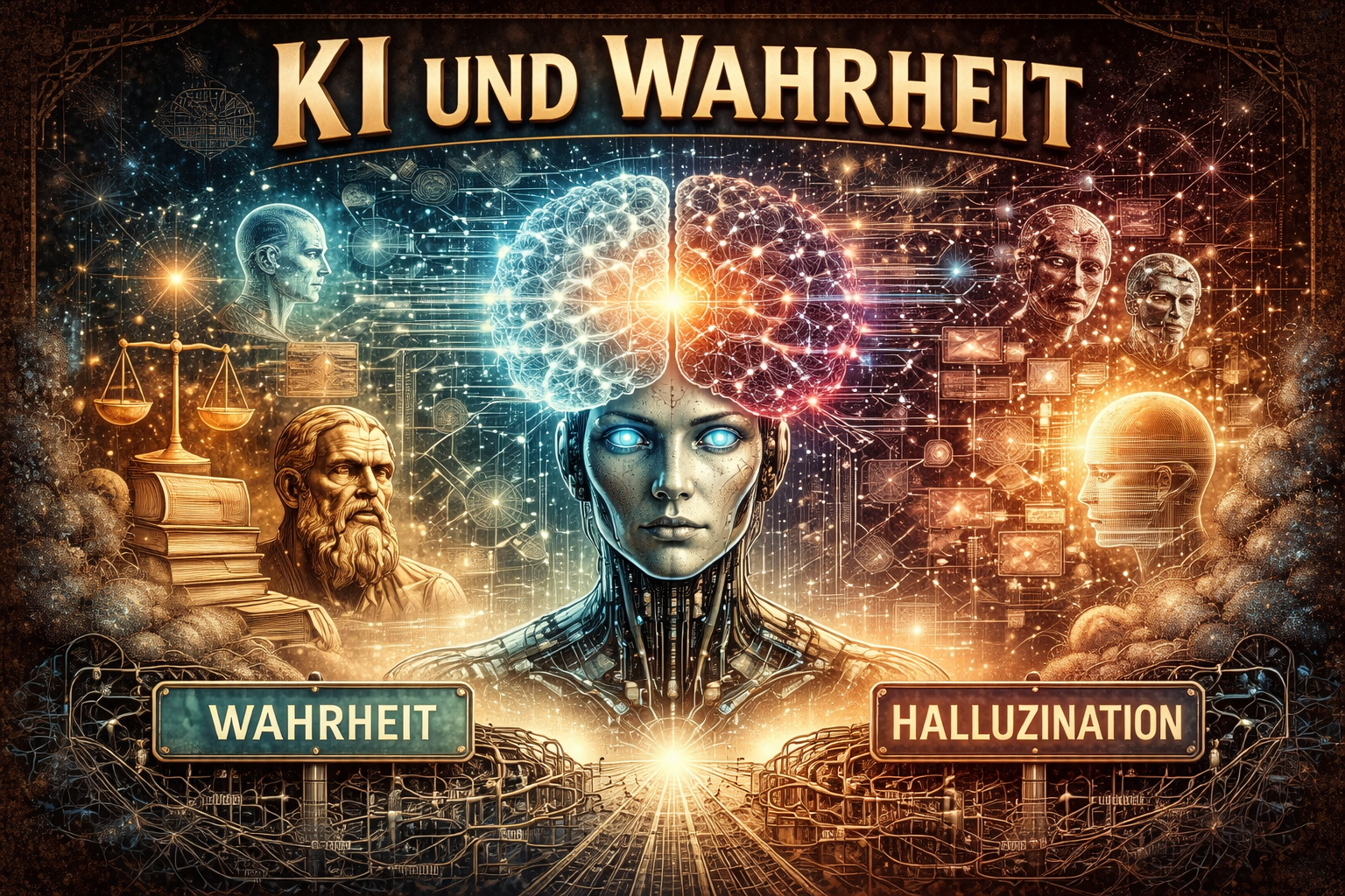 Symbolische Illustration einer künstlichen Intelligenz zwischen Wahrheit und Halluzination, mit neuronalen Netzwerken, philosophischen Elementen und digitalen Datenstrukturen.