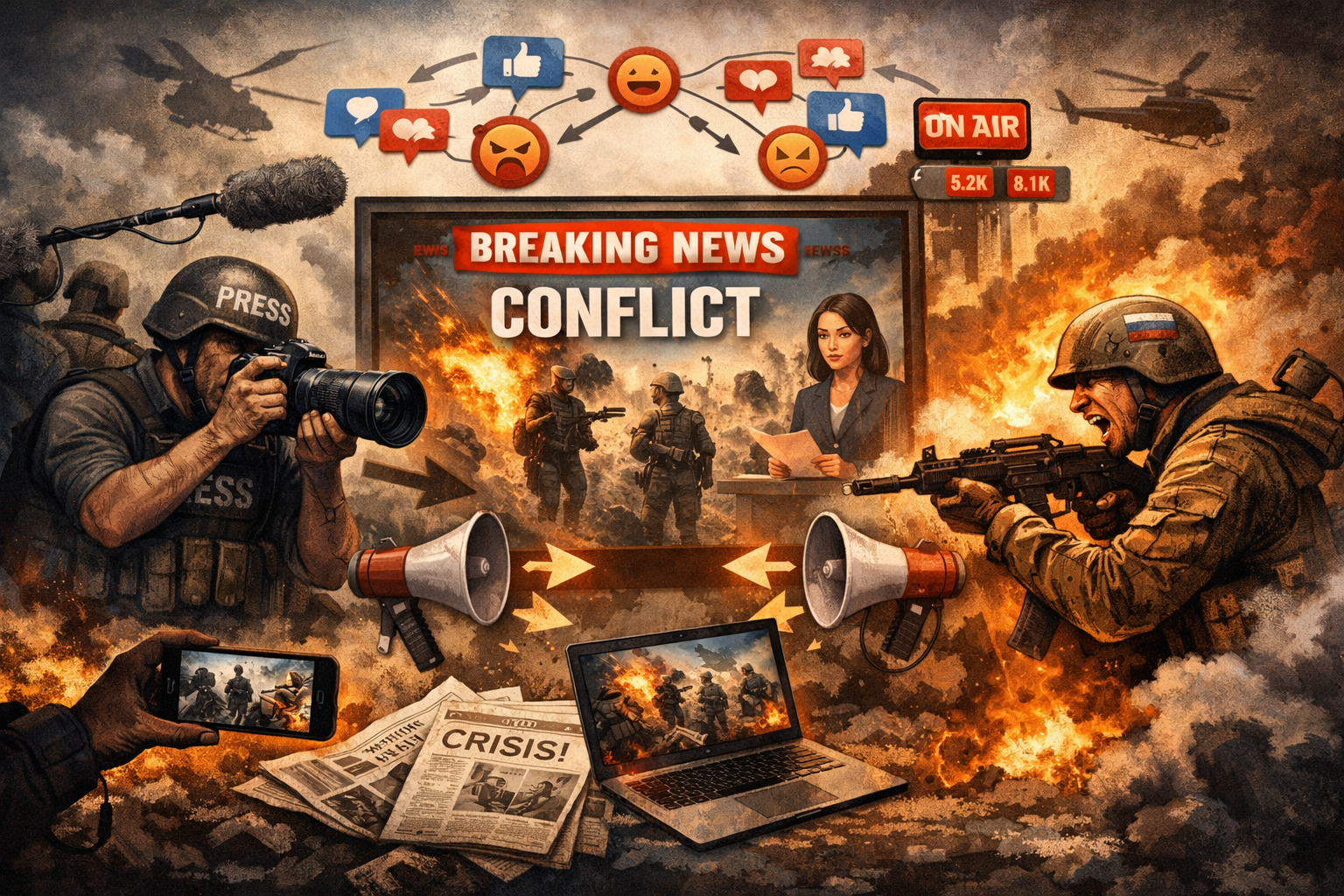 Medien als Konfliktverstärker: Kriegsfotografen, Nachrichtenbildschirme und Social Media verbreiten dramatische Bilder und verstärken gesellschaftliche Polarisierung und Gewalt.