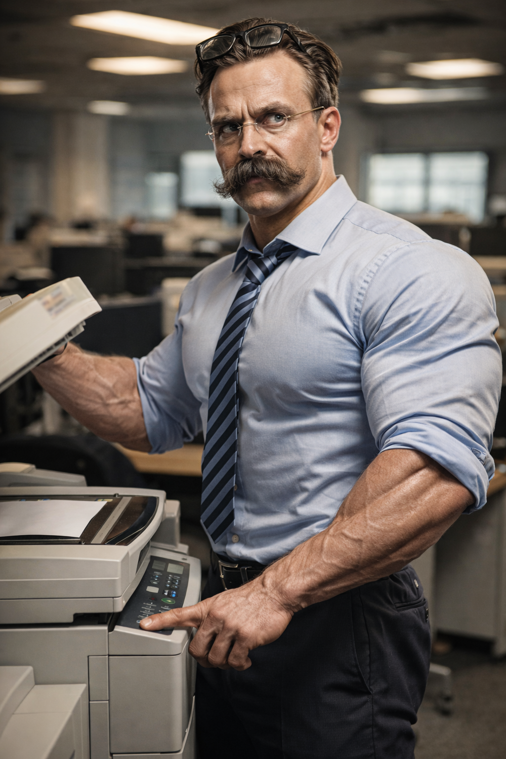 Friedrich Nietzsche als muskulöser Büroangestellter mit Brille am Kopierer – symbolisches Bild für Selbstüberwindung und Stärke im Arbeitsalltag.