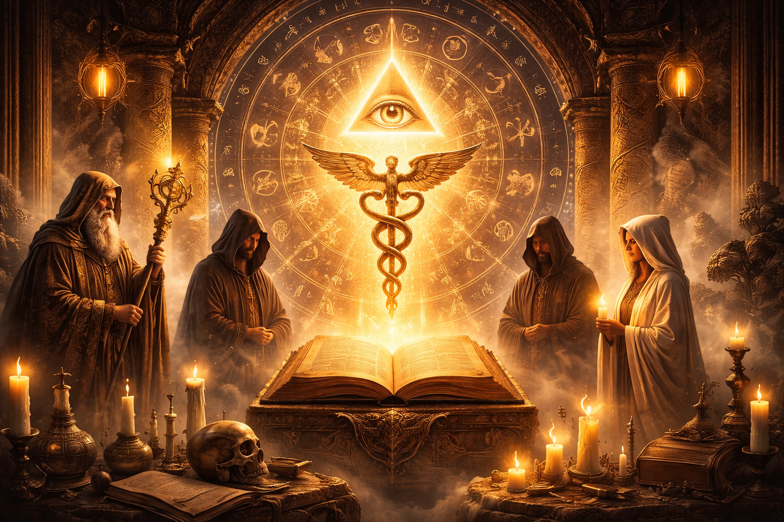 Symbolische Darstellung hermetischer und okkulter Traditionen mit alchemistischen Zeichen, geometrischen Formen und Initiationssymbolik.