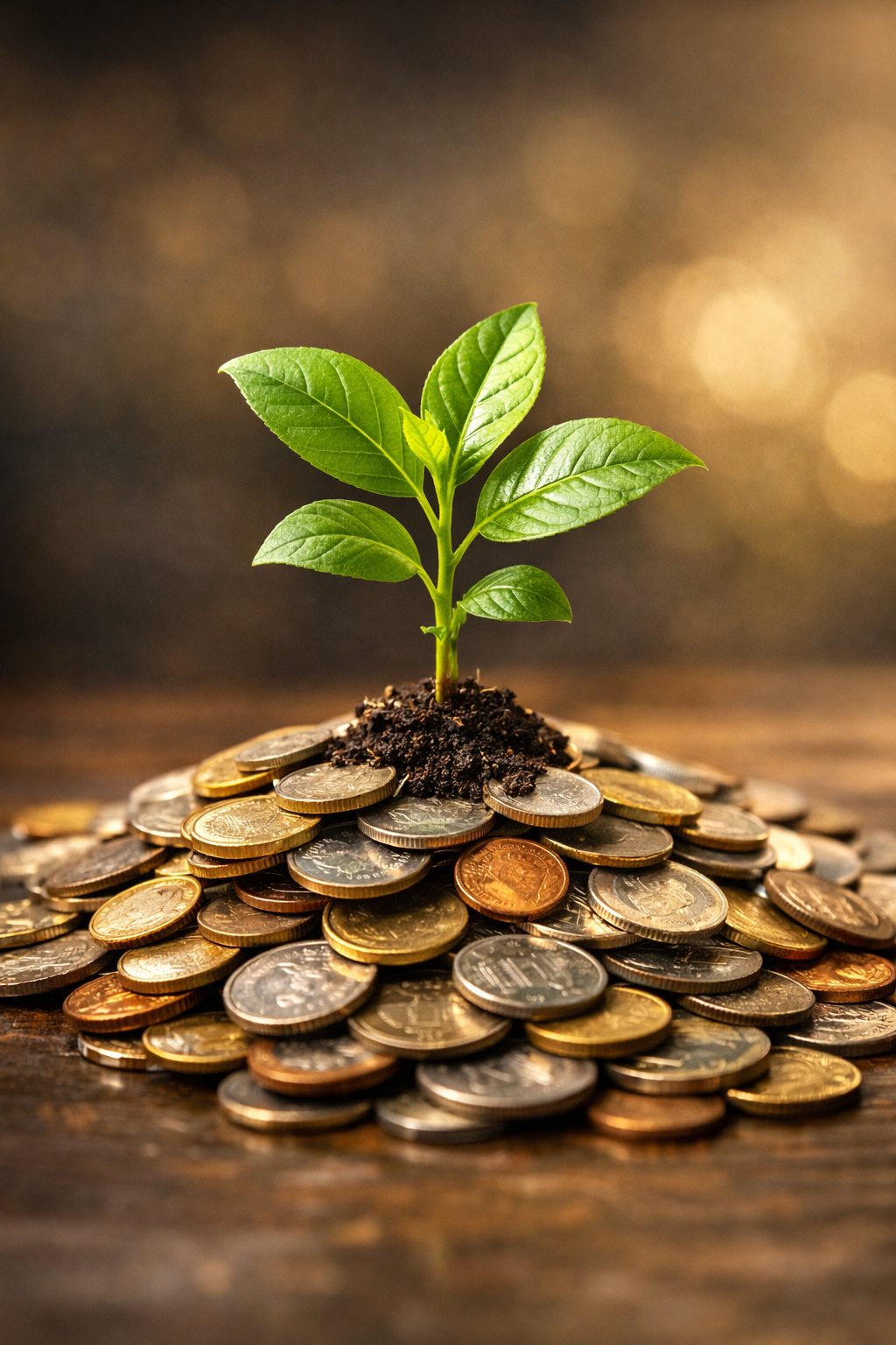 Junge grüne Pflanze wächst aus einem Haufen Münzen und symbolisiert langfristigen Vermögensaufbau durch ETFs.