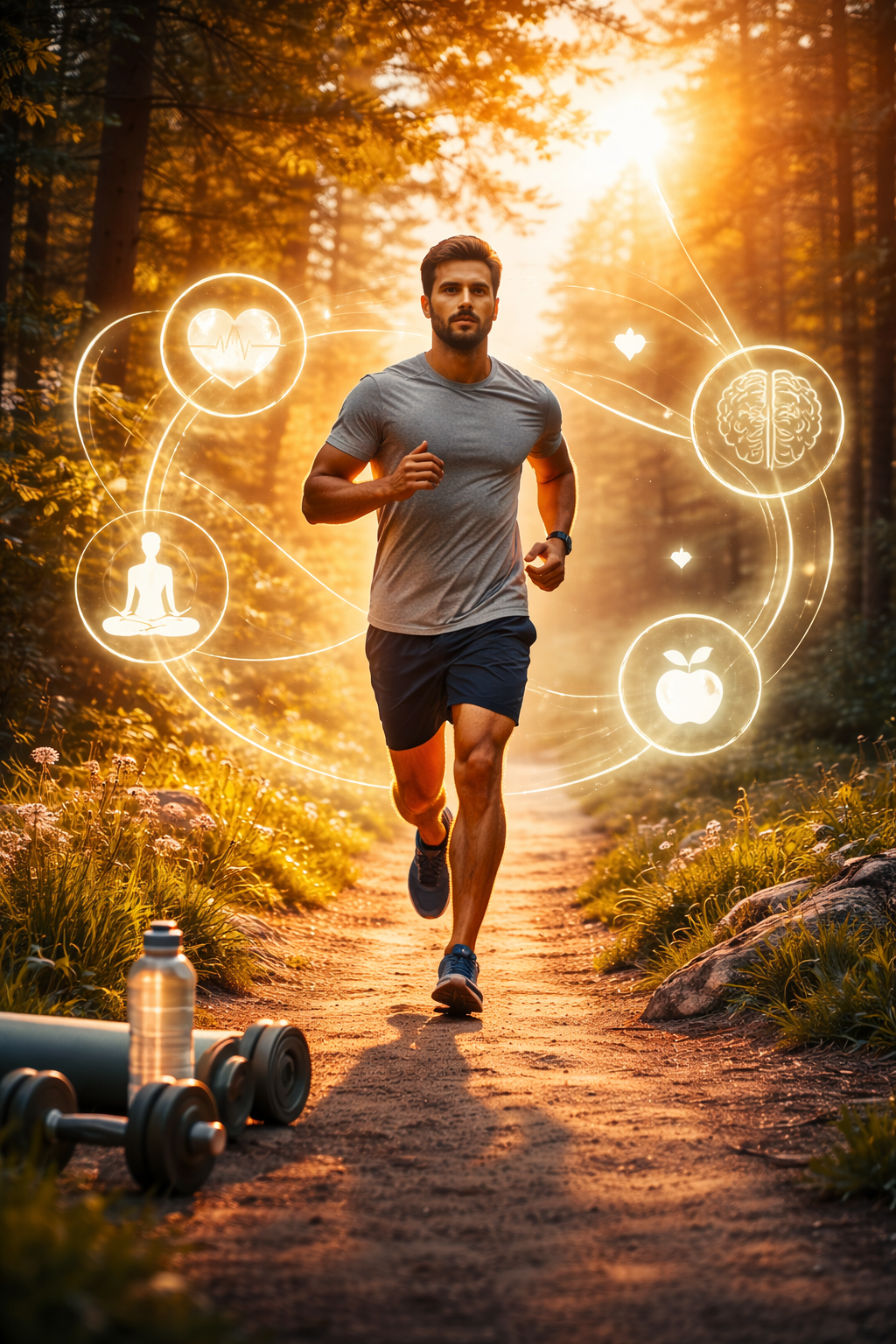 Mann joggt bei Sonnenaufgang durch einen Wald, umgeben von Symbolen für mentale Gesundheit, Fitness und ganzheitliches Wohlbefinden.