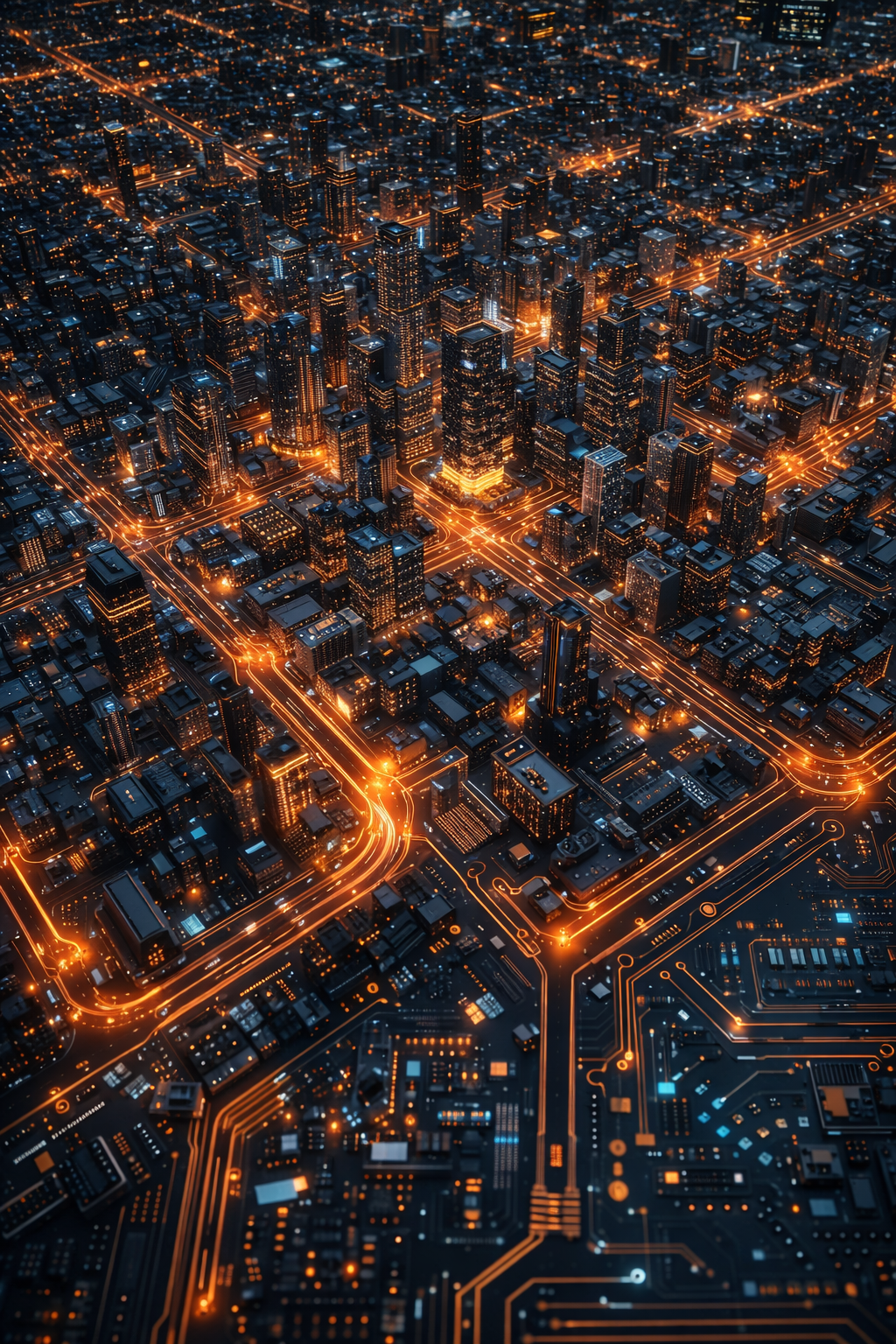 Luftaufnahme einer Großstadt bei Nacht, deren Straßen und Lichter wie die Leiterbahnen eines Computer-Mainboards wirken – Symbol für die anonyme, technische Struktur moderner Metropolen.