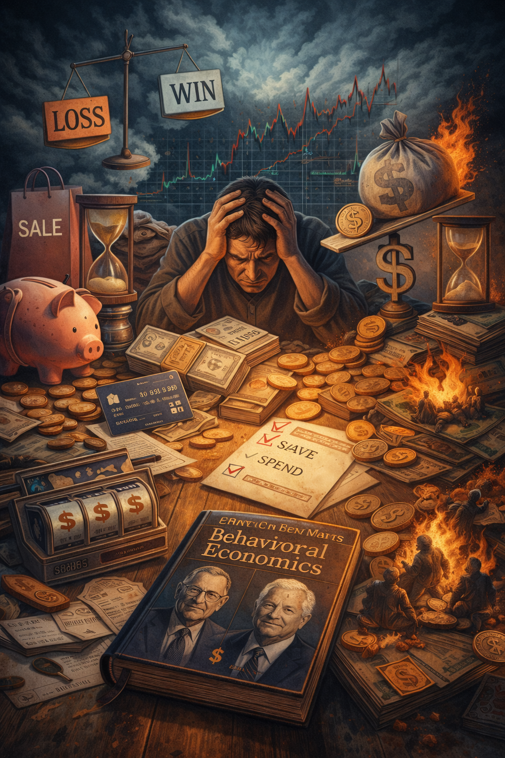 Mann sitzt nachdenklich zwischen Geld, Sparschwein, Diagrammen und Symbolen für Konsum und Investitionen – Illustration zu Verhaltensökonomie und finanziellen Entscheidungen