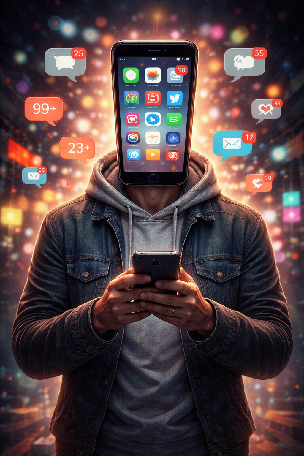 Mann mit Smartphone als Kopf, umgeben von Nachrichten- und Social-Media-Symbolen – Symbol für digitale Überlastung und die Verschmelzung von Mensch und Bildschirm