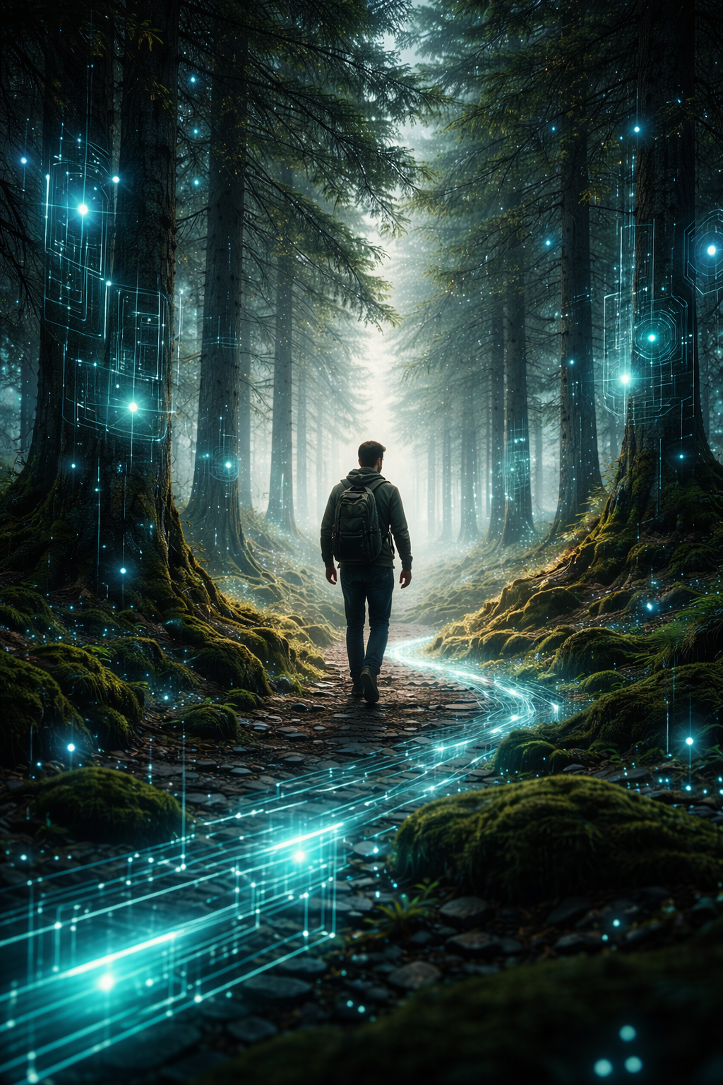 Person auf einem Weg durch einen futuristischen Wald mit digitalen Licht- und Datenelementen – Symbol für den digitalen Waldgang