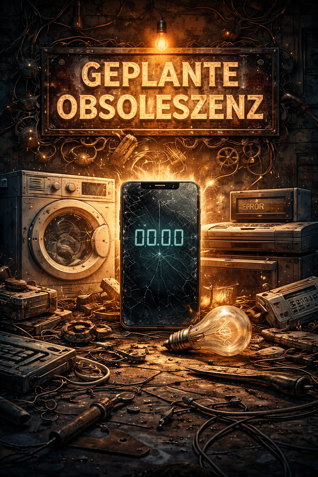 Defekte Haushaltsgeräte und Elektronik um ein beschädigtes Smartphone als Symbol für geplante Obsoleszenz und verkürzte Produktlebensdauer