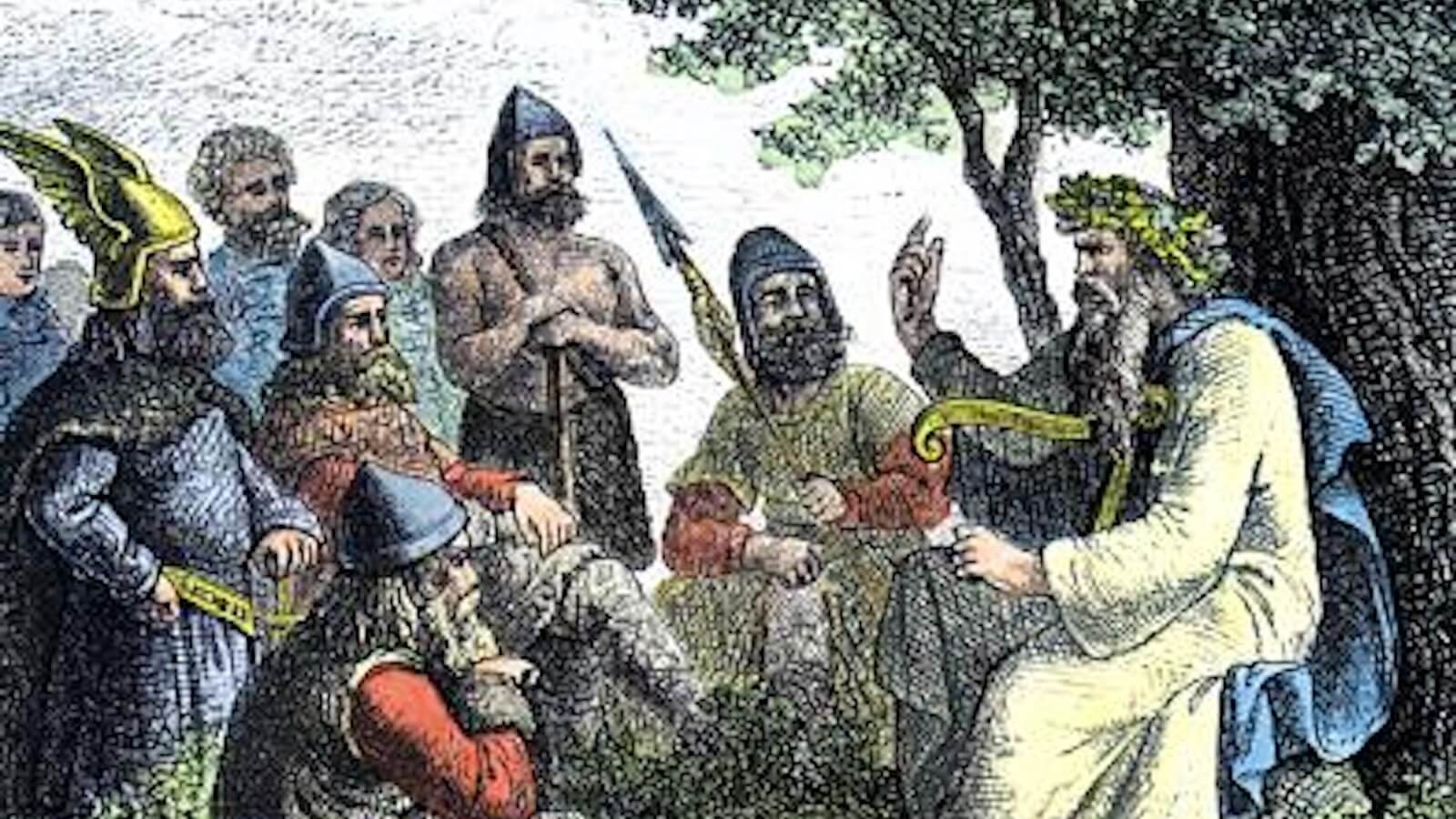 Barde erzählt am Feuer Geschichten und spielt Laute – Symbol für mündliche Überlieferung und die Weitergabe von Mythen