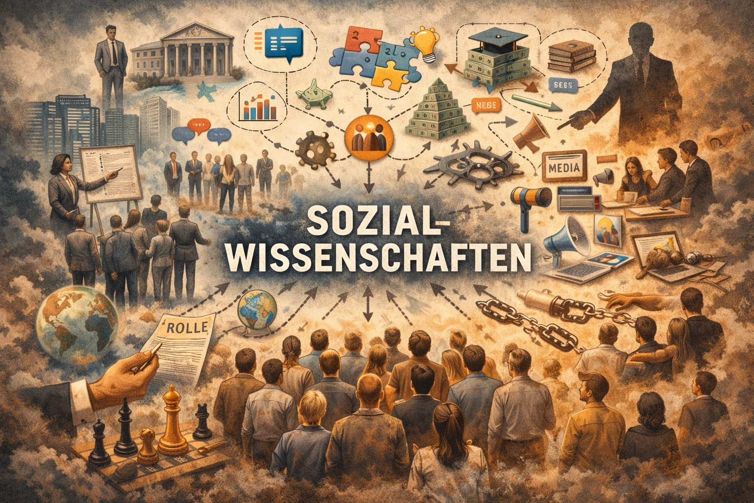 llustration zu Sozialwissenschaften: Menschen in Gesellschaft verbunden durch Netzwerke, Rollen, Medien, Wirtschaft und Institutionen – Symbol für soziale Strukturen und gesellschaftliche Zusammenhänge