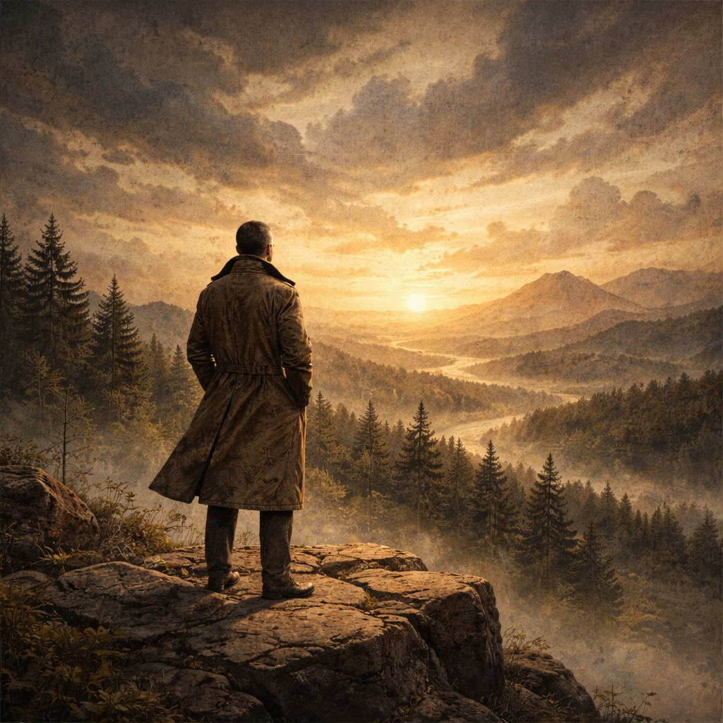 Ernst Jünger blickt von einem Berggipfel auf einen weiten Wald – Symbol für den Waldgang und die innere Distanz zur Welt