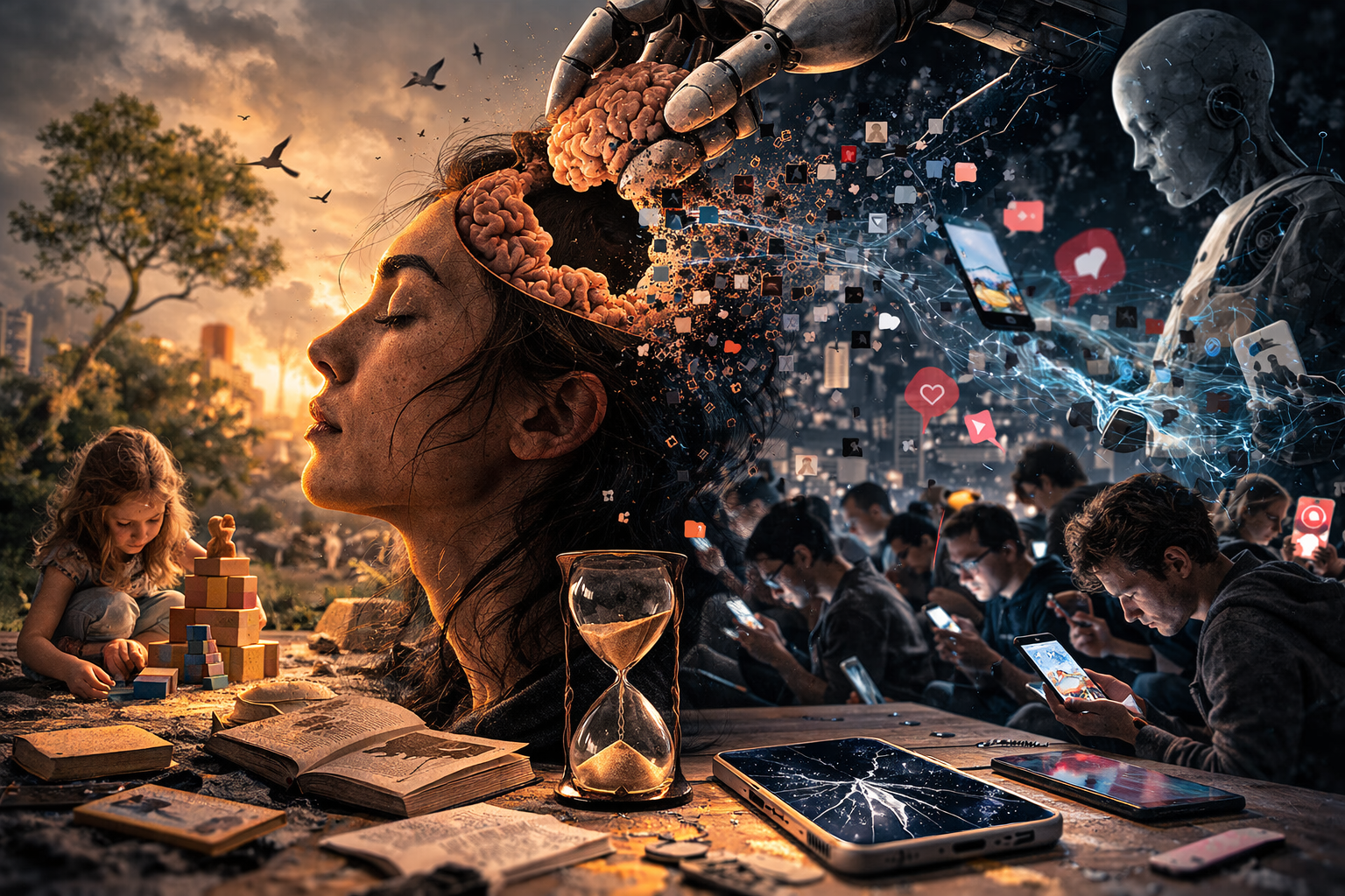 Surreale Illustration zur Mediengesellschaft: Ein menschlicher Kopf wird von einer Roboterhand geöffnet, das Gehirn entfernt und durch einen Chip ersetzt, während Menschenmassen auf Smartphones starren – Symbol für KI, Medien und die Amputation menschlicher Intelligenz im digitalen Zeitalter.