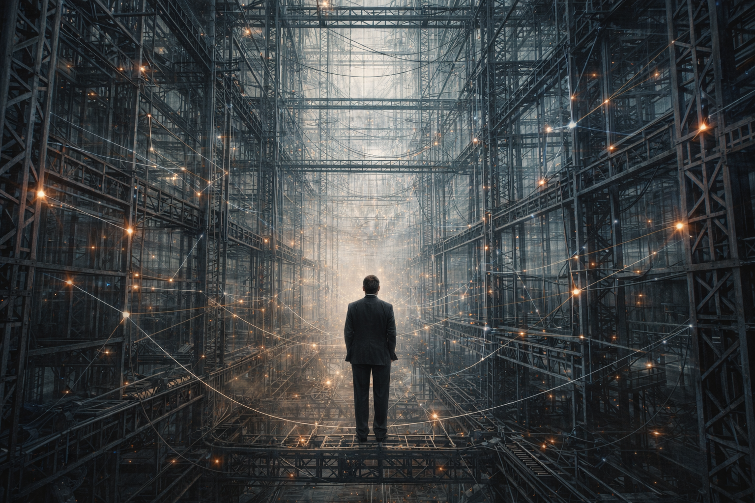 Kleiner Mensch steht in einem riesigen Stahl- und Netzwerkgerüst – Symbol für Heideggers „Ge-stell“, das den Blick des Menschen durch technische Strukturen rahmt.