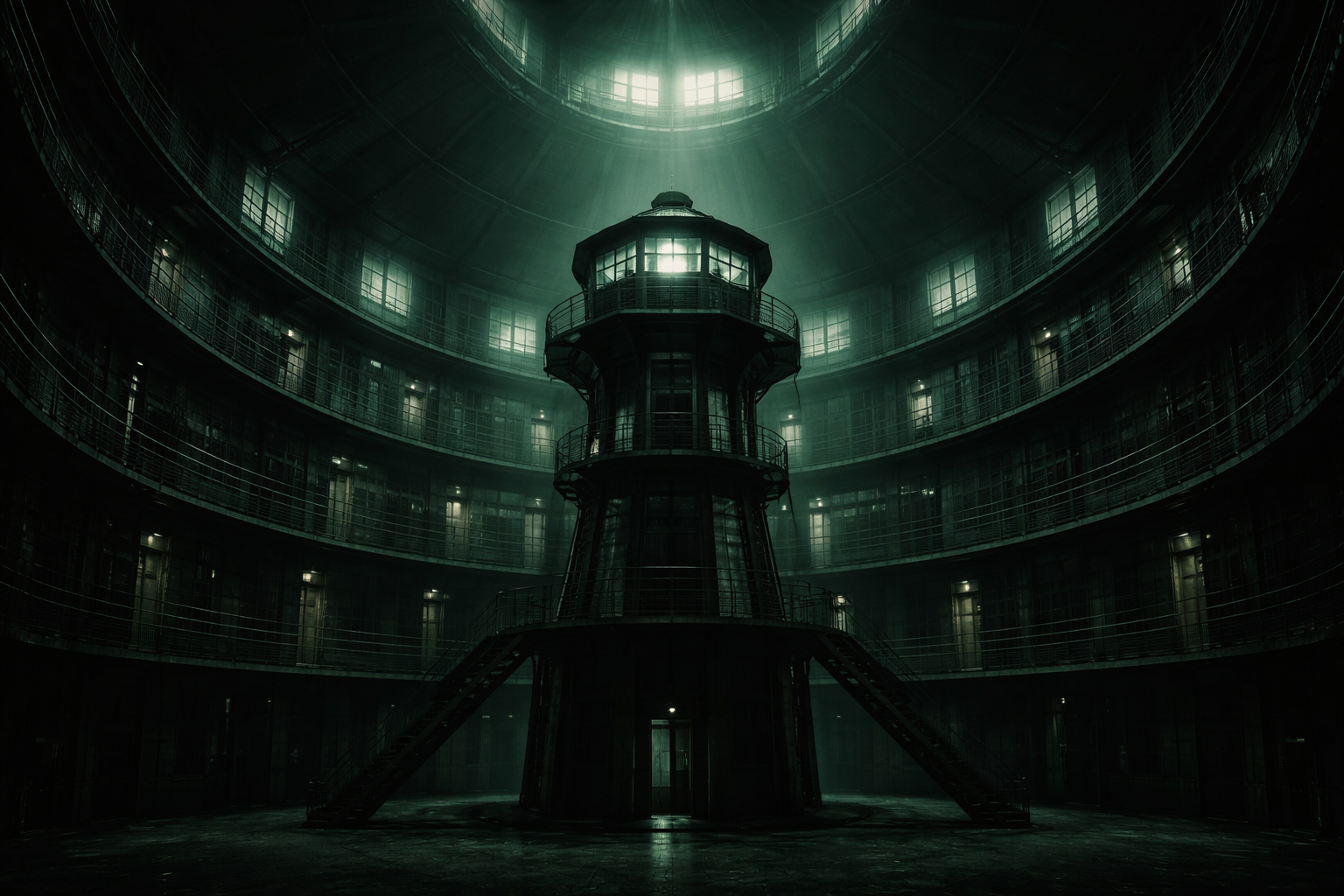 Dunkles Panoptikum mit zentralem Überwachungsturm — Symbol für Macht, Disziplin und Kontrolle nach Michel Foucault