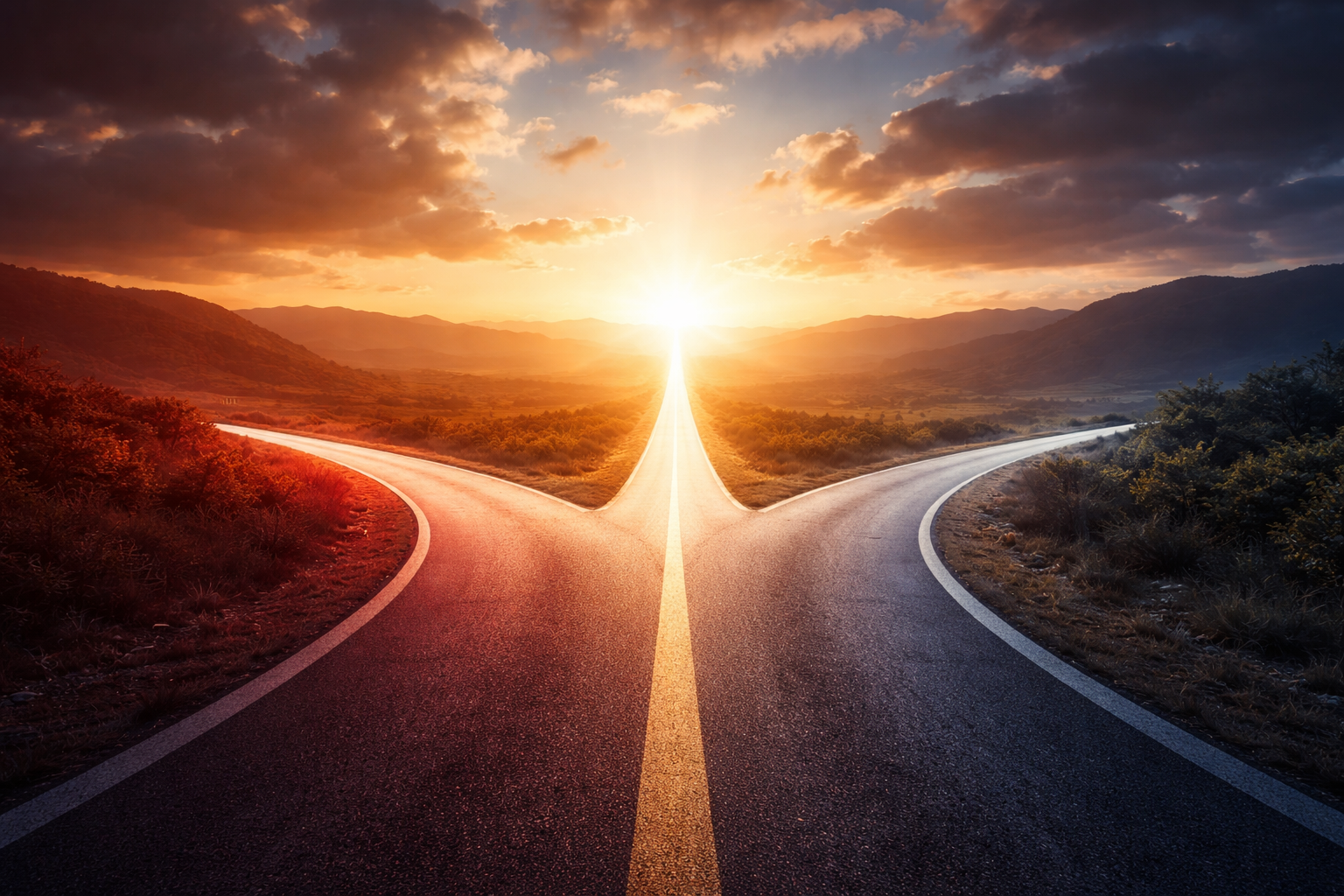 Symbolisches Bild einer Weggabelung bei Sonnenaufgang: Eine rot gefärbte und eine blau gefärbte Straße laufen in einen hellen goldenen Weg zusammen, der in den Horizont führt.